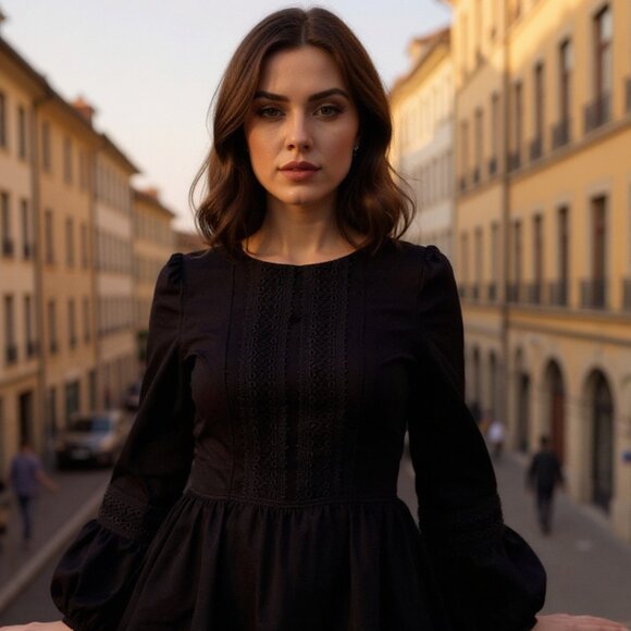 Women's Black Embroidered Accents Scoop Neck Flutter-Sleeved Blouse - Picture 3 of 5